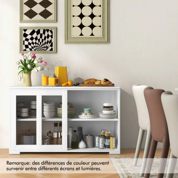 Buffet de Cuisine Armoire Basse de Salle à Manger 2 Etagères 2 Portes Transparentes en MDF 106,5x33x62,5cm Blanc/Beige/Gris/Marron/Noir