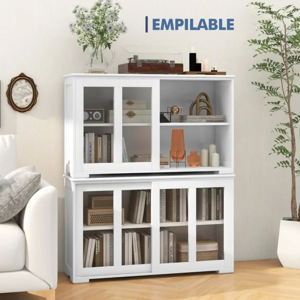 Buffet de Cuisine Armoire Basse de Salle à Manger 2 Etagères 2 Portes Transparentes en MDF 106,5x33x62,5cm Blanc/Beige/Gris/Marron/Noir