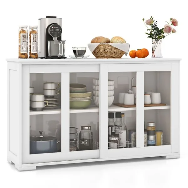 Buffet de Cuisine Armoire Basse de Salle à Manger 2 Etagères 2 Portes Transparentes en MDF 106,5x33x62,5cm Blanc/Beige/Gris/Marron/Noir