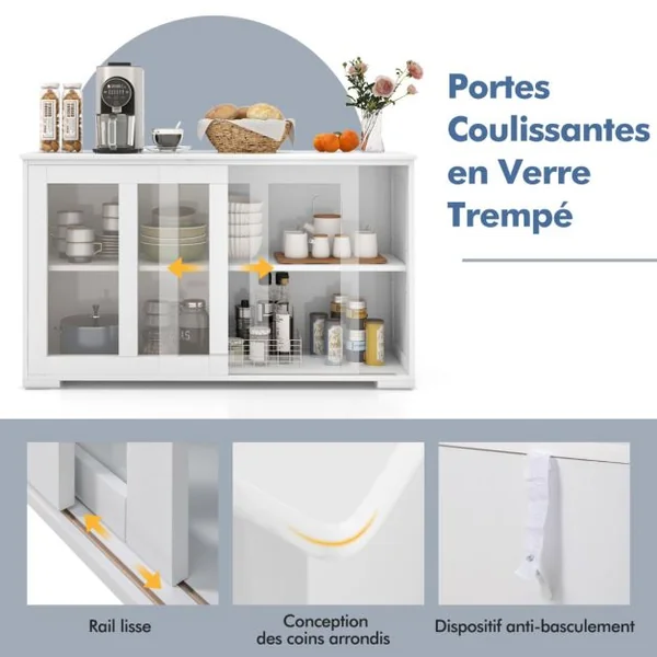 Buffet de Cuisine Armoire Basse de Salle à Manger 2 Etagères 2 Portes Transparentes en MDF 106,5x33x62,5cm Blanc/Beige/Gris/Marron/Noir
