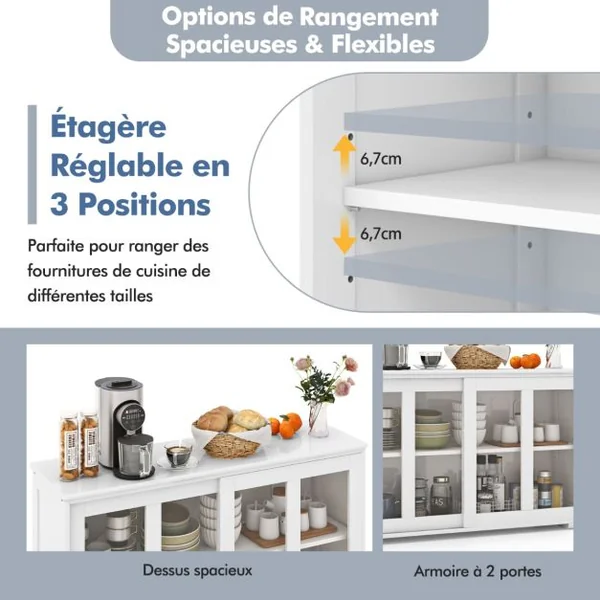 Buffet de Cuisine Armoire Basse de Salle à Manger 2 Etagères 2 Portes Transparentes en MDF 106,5x33x62,5cm Blanc/Beige/Gris/Marron/Noir