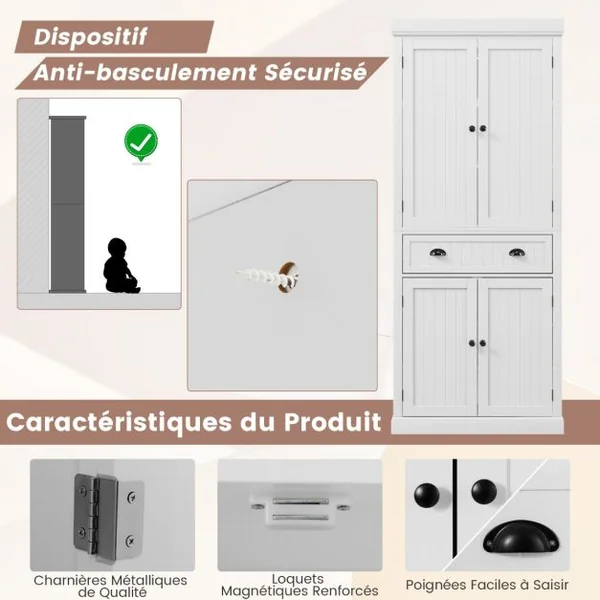 Buffet de Cuisine Autoportant de 183 cm de Haut Armoires à 2 Portes et Tiroirs Étagères Réglables Armoire de Rangement Moderne Blanc//Marron/Noir