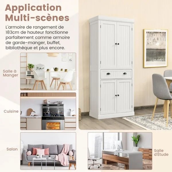 Buffet de Cuisine Autoportant de 183 cm de Haut Armoires à 2 Portes et Tiroirs Étagères Réglables Armoire de Rangement Moderne Blanc//Marron/Noir