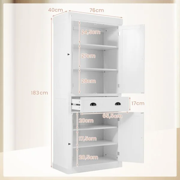 Buffet de Cuisine Autoportant de 183 cm de Haut Armoires à 2 Portes et Tiroirs Étagères Réglables Armoire de Rangement Moderne Blanc//Marron/Noir