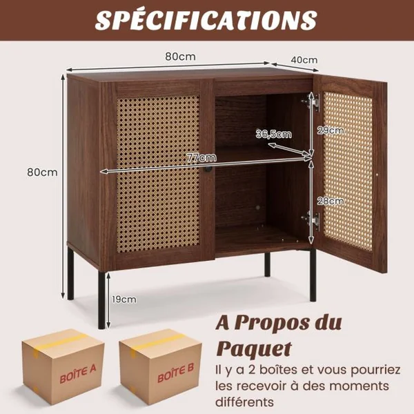Buffet de Cuisine avec 2 Portes Cannage et 4 Pieds en Métal Buffet Bohème avec Étagère Réglable pour Salon Salle à Manger Marron