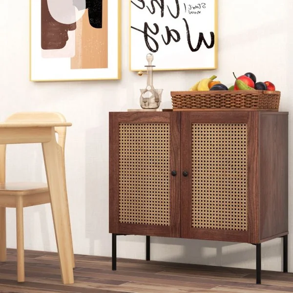 Buffet de Cuisine avec 2 Portes Cannage et 4 Pieds en Métal Buffet Bohème avec Étagère Réglable pour Salon Salle à Manger Marron