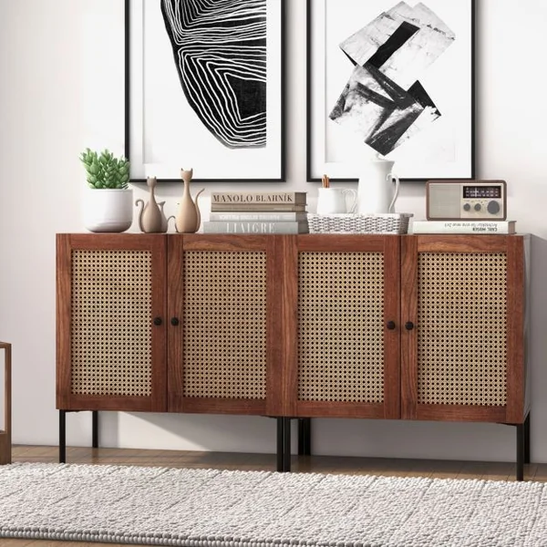 Buffet de Cuisine avec 2 Portes Cannage et 4 Pieds en Métal Buffet Bohème avec Étagère Réglable pour Salon Salle à Manger Marron
