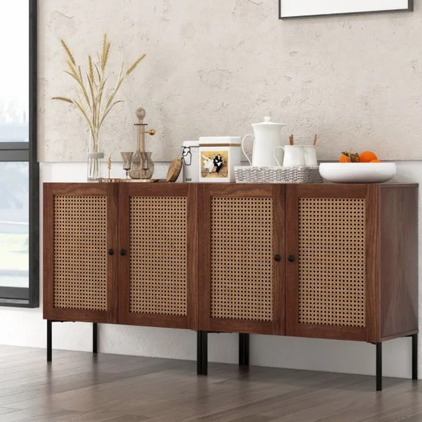 Buffet de Cuisine avec 2 Portes Cannage et 4 Pieds en Métal Buffet Bohème avec Étagère Réglable pour Salon Salle à Manger Marron
