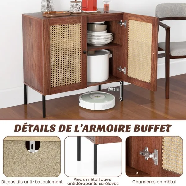 Buffet de Cuisine avec 2 Portes Cannage et 4 Pieds en Métal Buffet Bohème avec Étagère Réglable pour Salon Salle à Manger Marron
