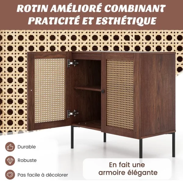 Buffet de Cuisine avec 2 Portes Cannage et 4 Pieds en Métal Buffet Bohème avec Étagère Réglable pour Salon Salle à Manger Marron