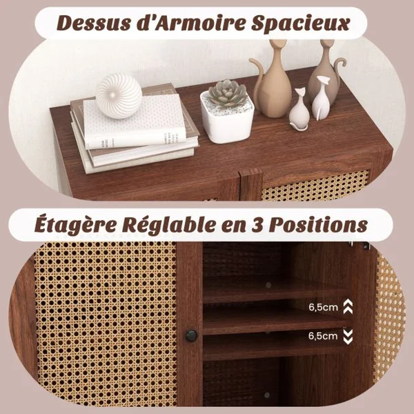 Buffet de Cuisine avec 2 Portes Cannage et 4 Pieds en Métal Buffet Bohème avec Étagère Réglable pour Salon Salle à Manger Marron