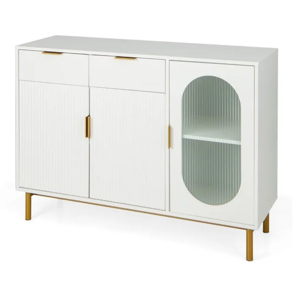 Buffet de Cuisine avec 3 Portes et 2 Tiroirs Verre Translucide Dispositif Anti-basculement 120 x 40 x 88 cm Blanc