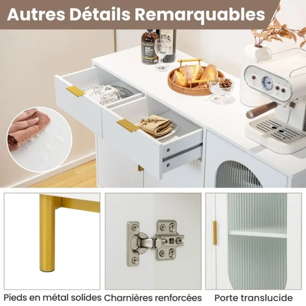 Buffet de Cuisine avec 3 Portes et 2 Tiroirs Verre Translucide Dispositif Anti-basculement 120 x 40 x 88 cm Blanc