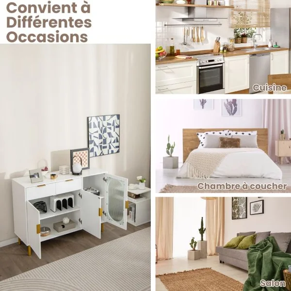 Buffet de Cuisine avec 3 Portes et 2 Tiroirs Verre Translucide Dispositif Anti-basculement 120 x 40 x 88 cm Blanc