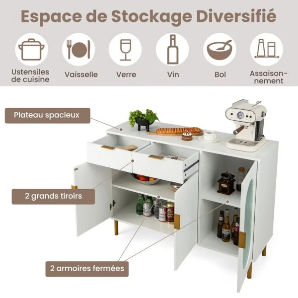 Buffet de Cuisine avec 3 Portes et 2 Tiroirs Verre Translucide Dispositif Anti-basculement 120 x 40 x 88 cm Blanc