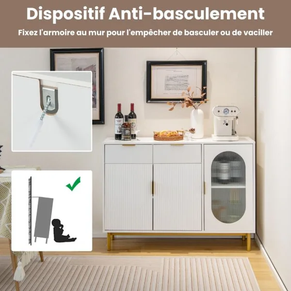 Buffet de Cuisine avec 3 Portes et 2 Tiroirs Verre Translucide Dispositif Anti-basculement 120 x 40 x 88 cm Blanc