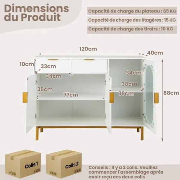 Buffet de Cuisine avec 3 Portes et 2 Tiroirs Verre Translucide Dispositif Anti-basculement 120 x 40 x 88 cm Blanc