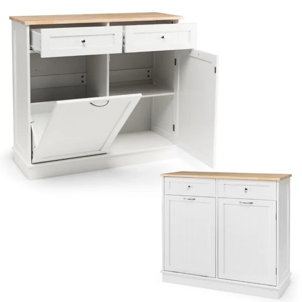 Buffet de Cuisine avec Plateau en Caoutchouc 2 Tiroirs Étagère Réglable et Placard pour Accueillir Poubelle 42 L Gris/Blanc/Noir
