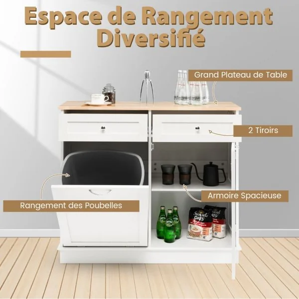 Buffet de Cuisine avec Plateau en Caoutchouc 2 Tiroirs Étagère Réglable et Placard pour Accueillir Poubelle 42 L Gris/Blanc/Noir