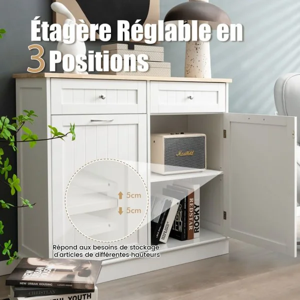 Buffet de Cuisine avec Plateau en Caoutchouc 2 Tiroirs Étagère Réglable et Placard pour Accueillir Poubelle 42 L Gris/Blanc/Noir