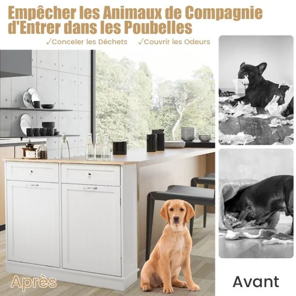 Buffet de Cuisine avec Plateau en Caoutchouc 2 Tiroirs Étagère Réglable et Placard pour Accueillir Poubelle 42 L Gris/Blanc/Noir