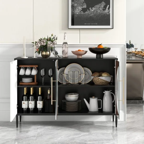 Buffet de Cuisine avec Porte en Verre Trempé Armoire avec Pieds en Métal Surélevés Armoire de Rangement Autoportante pour Salon Cuisine Blanc