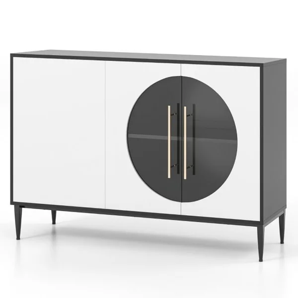 Buffet de Cuisine avec Porte en Verre Trempé Armoire avec Pieds en Métal Surélevés Armoire de Rangement Autoportante pour Salon Cuisine Blanc