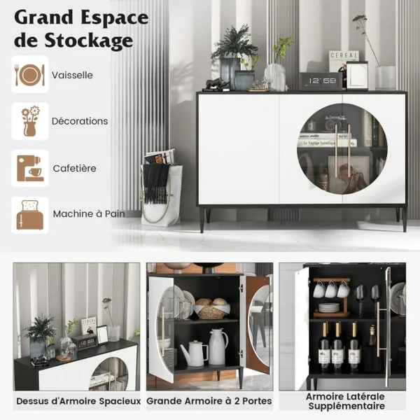 Buffet de Cuisine avec Porte en Verre Trempé Armoire avec Pieds en Métal Surélevés Armoire de Rangement Autoportante pour Salon Cuisine Blanc