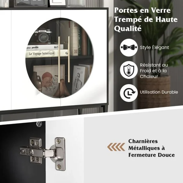 Buffet de Cuisine avec Porte en Verre Trempé Armoire avec Pieds en Métal Surélevés Armoire de Rangement Autoportante pour Salon Cuisine Blanc