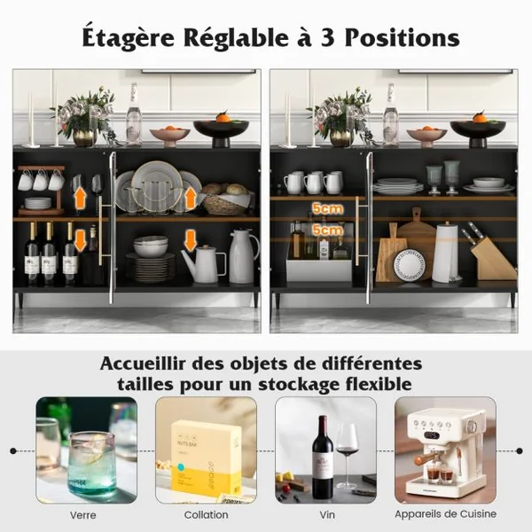 Buffet de Cuisine avec Porte en Verre Trempé Armoire avec Pieds en Métal Surélevés Armoire de Rangement Autoportante pour Salon Cuisine Blanc