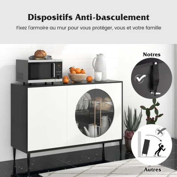 Buffet de Cuisine avec Porte en Verre Trempé Armoire avec Pieds en Métal Surélevés Armoire de Rangement Autoportante pour Salon Cuisine Blanc