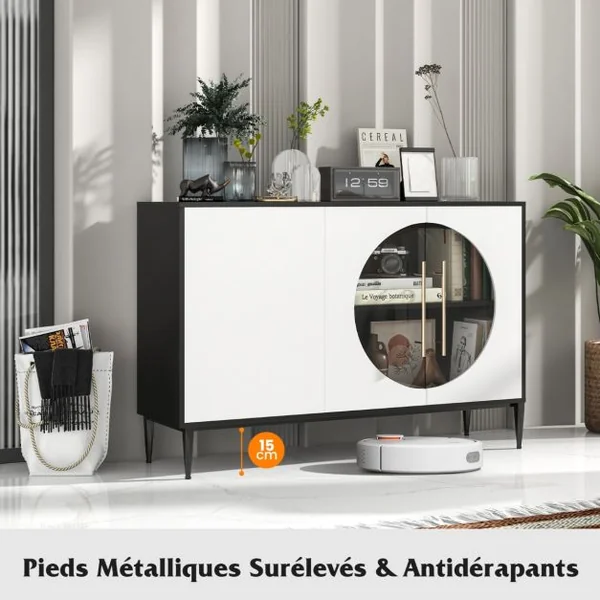 Buffet de Cuisine avec Porte en Verre Trempé Armoire avec Pieds en Métal Surélevés Armoire de Rangement Autoportante pour Salon Cuisine Blanc