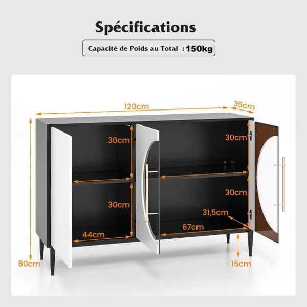 Buffet de Cuisine avec Porte en Verre Trempé Armoire avec Pieds en Métal Surélevés Armoire de Rangement Autoportante pour Salon Cuisine Blanc