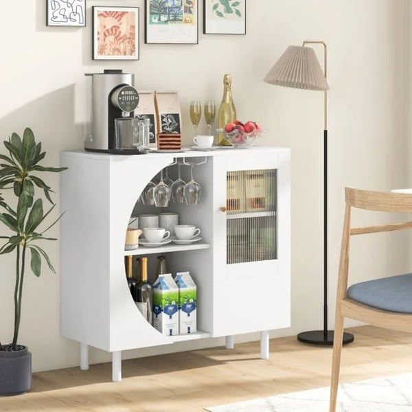 Buffet de Cuisine avec Porte-verres Buffet en Bois avec Portes en Verre Trempé Armoire d'Appoint Meuble de Rangement Autoportant Blanc