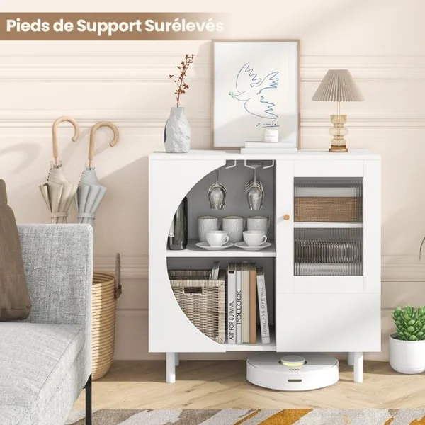 Buffet de Cuisine avec Porte-verres Buffet en Bois avec Portes en Verre Trempé Armoire d'Appoint Meuble de Rangement Autoportant Blanc