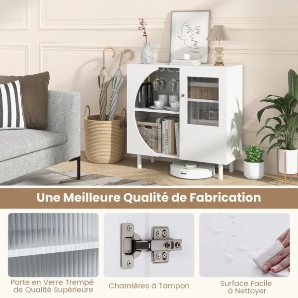 Buffet de Cuisine avec Porte-verres Buffet en Bois avec Portes en Verre Trempé Armoire d'Appoint Meuble de Rangement Autoportant Blanc