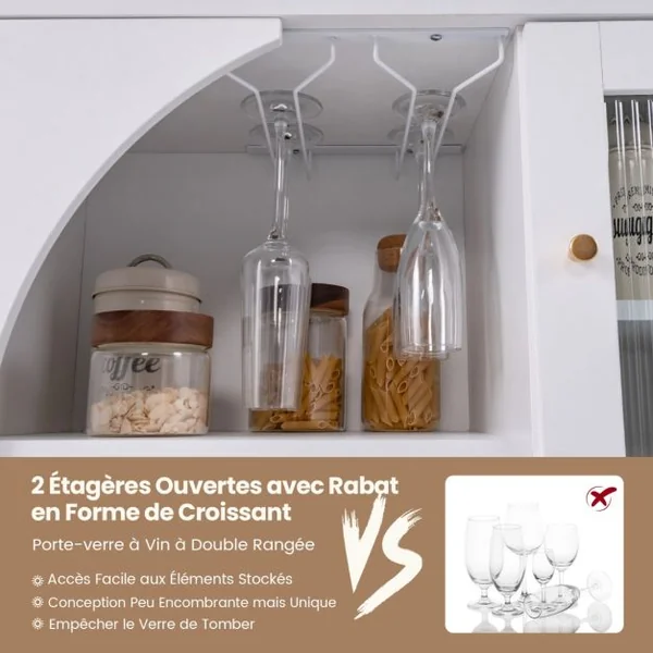 Buffet de Cuisine avec Porte-verres Buffet en Bois avec Portes en Verre Trempé Armoire d'Appoint Meuble de Rangement Autoportant Blanc