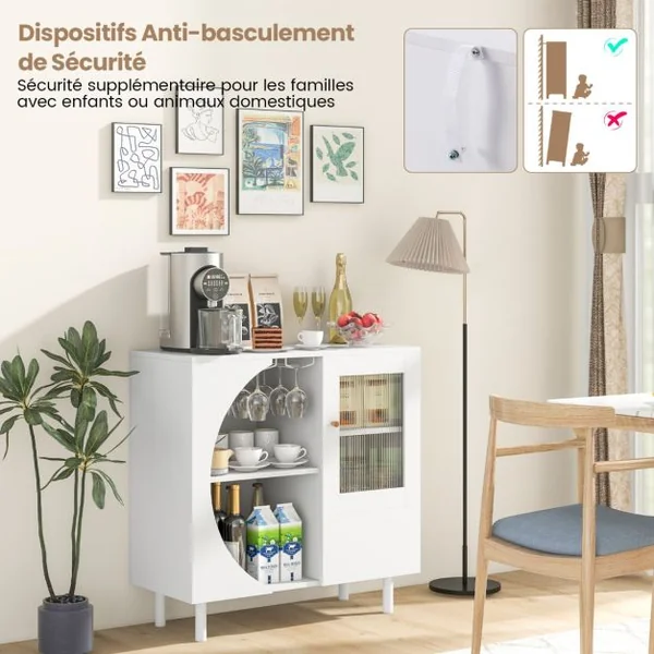 Buffet de Cuisine avec Porte-verres Buffet en Bois avec Portes en Verre Trempé Armoire d'Appoint Meuble de Rangement Autoportant Blanc