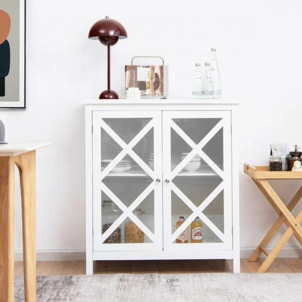 Buffet de Cuisine Buffet avec 2 Portes en Verre et Étagère Réglable Meuble de Rangement pour Salon Cuisine Blanc