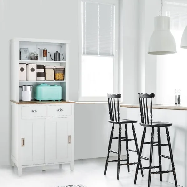 Buffet de Cuisine de 170 cm avec Niche avec Portes Coulissantes Étagères Ouvertes et 2 Tiroirs pour la Maison Blanc