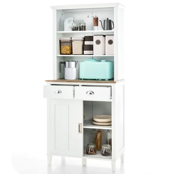 Buffet de Cuisine de 170 cm avec Niche avec Portes Coulissantes Étagères Ouvertes et 2 Tiroirs pour la Maison Blanc