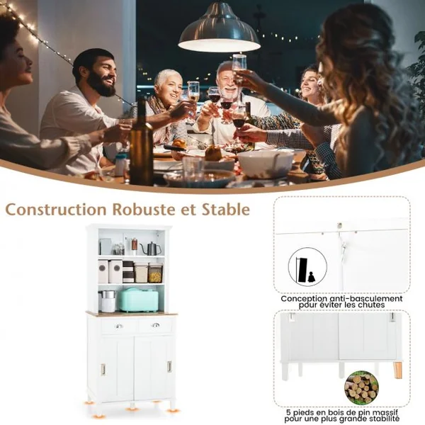 Buffet de Cuisine de 170 cm avec Niche avec Portes Coulissantes Étagères Ouvertes et 2 Tiroirs pour la Maison Blanc
