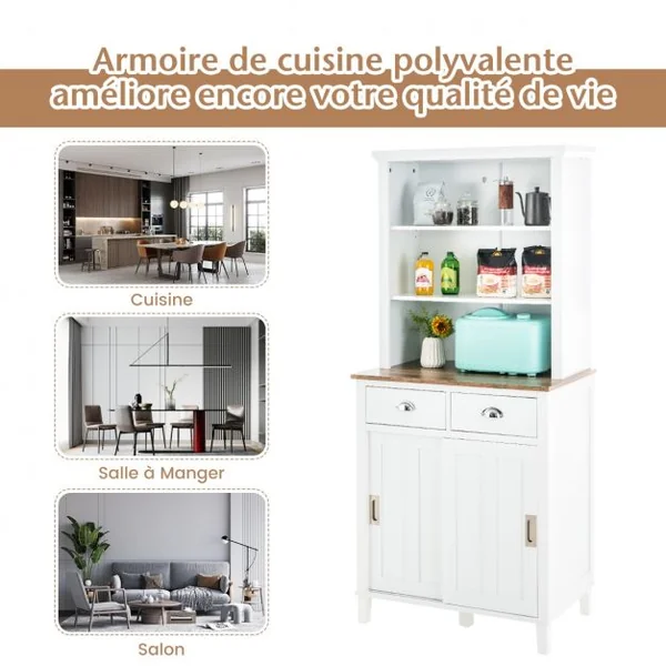 Buffet de Cuisine de 170 cm avec Niche avec Portes Coulissantes Étagères Ouvertes et 2 Tiroirs pour la Maison Blanc