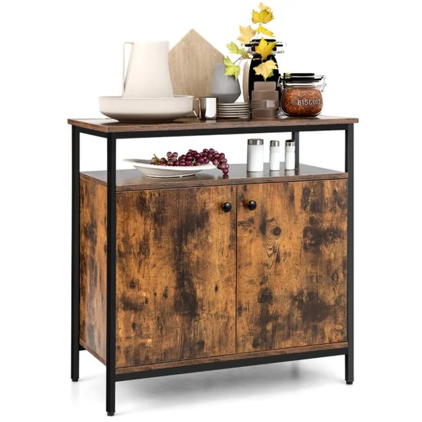 Buffet de Cuisine Industriel avec 2 Portes et Cadre Métallique 80x40x80 CM Meuble de Rangement avec Étagères Ouvertes Marron