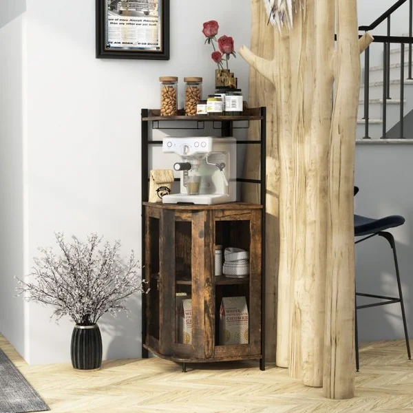 Buffet de Cuisine Industriel avec Porte en Maille Métallique 46x46x130 CM Armoire d'Angle avec Porte-verres Étagère Réglable Brun
