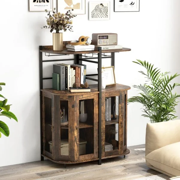 Buffet de Cuisine Industriel avec Porte en Maille Métallique 46x46x130 CM Armoire d'Angle avec Porte-verres Étagère Réglable Brun