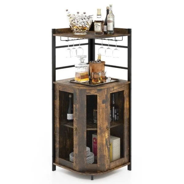Buffet de Cuisine Industriel avec Porte en Maille Métallique 46x46x130 CM Armoire d'Angle avec Porte-verres Étagère Réglable Brun