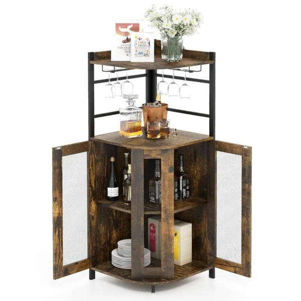 Buffet de Cuisine Industriel avec Porte en Maille Métallique 46x46x130 CM Armoire d'Angle avec Porte-verres Étagère Réglable Brun