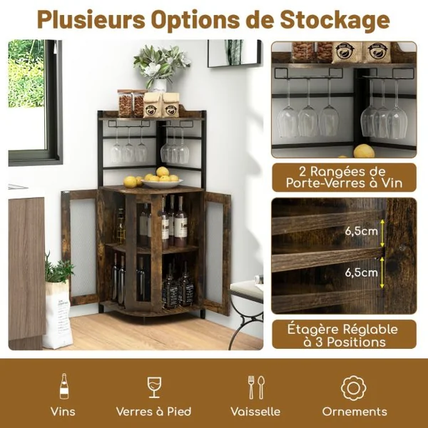 Buffet de Cuisine Industriel avec Porte en Maille Métallique 46x46x130 CM Armoire d'Angle avec Porte-verres Étagère Réglable Brun