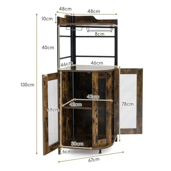 Buffet de Cuisine Industriel avec Porte en Maille Métallique 46x46x130 CM Armoire d'Angle avec Porte-verres Étagère Réglable Brun